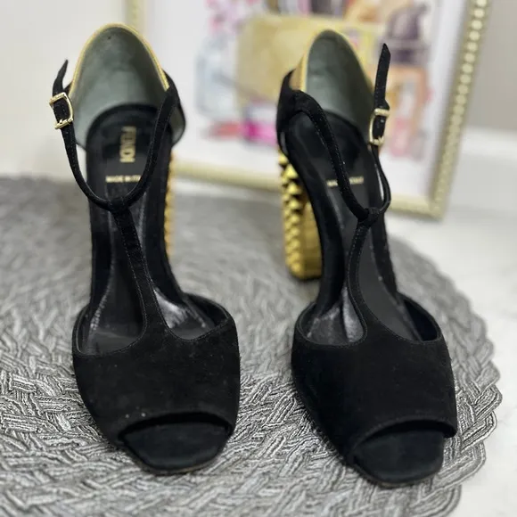 Fendi Black T-Strap Heels with Gold Studded Heel