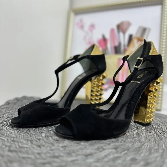 Fendi Black T-Strap Heels with Gold Studded Heel