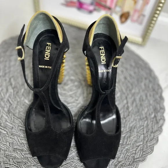 Fendi Black T-Strap Heels with Gold Studded Heel