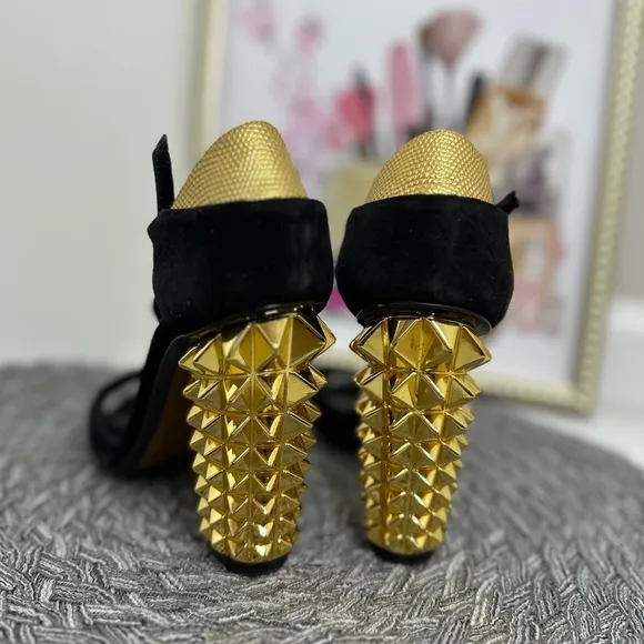 Fendi Black T-Strap Heels with Gold Studded Heel