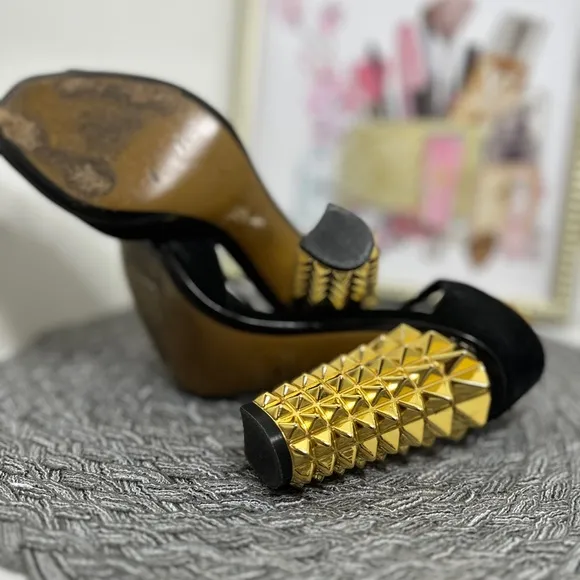 Fendi Black T-Strap Heels with Gold Studded Heel