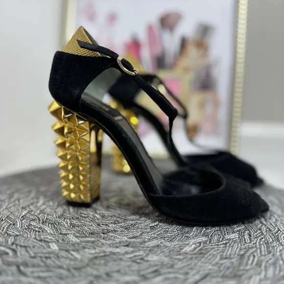 Fendi Black T-Strap Heels with Gold Studded Heel