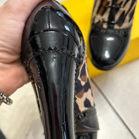 FENDI LACE-UP BOOTIE/BLACK PATENT LEATHER &amp;LEOPARD CALF-HAIR/SIZE 40IT-9US/ITALY