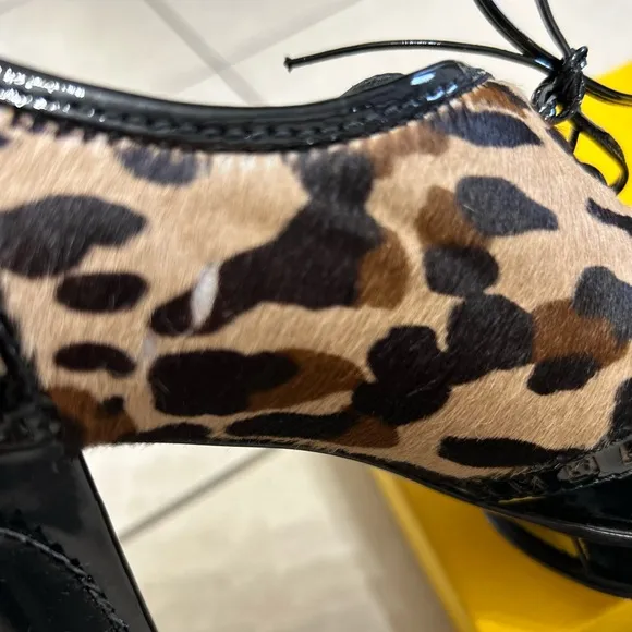 FENDI LACE-UP BOOTIE/BLACK PATENT LEATHER &amp;LEOPARD CALF-HAIR/SIZE 40IT-9US/ITALY