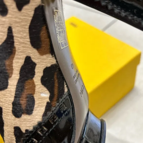 FENDI LACE-UP BOOTIE/BLACK PATENT LEATHER &amp;LEOPARD CALF-HAIR/SIZE 40IT-9US/ITALY