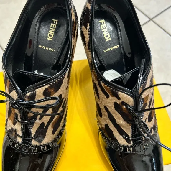 FENDI LACE-UP BOOTIE/BLACK PATENT LEATHER &amp;LEOPARD CALF-HAIR/SIZE 40IT-9US/ITALY