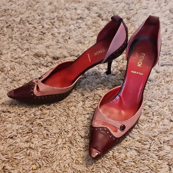 Fendi PROJECT Two-Tone Leather Heels – Burgundy &amp; Blush Size 36.5