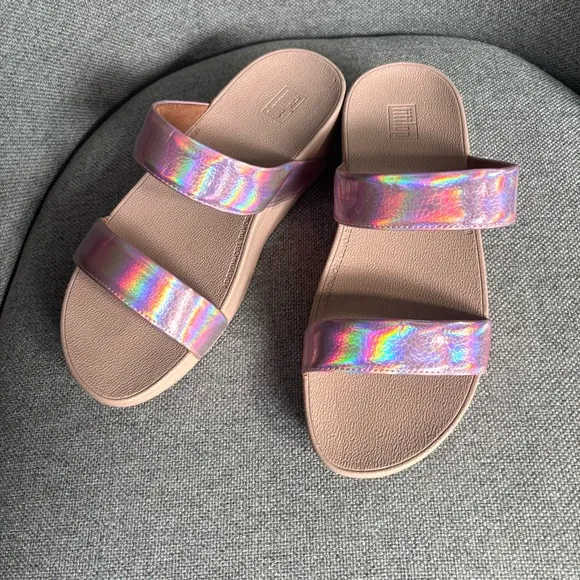 FitFlop Iridescent Pink Platform Sandals Straps MicroWobbleBoard Technology Sz 6
