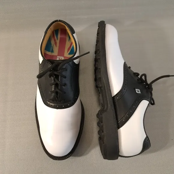 FJ FOOTJOY Men's Golf Shoes White/Black 7 1/2 M Rubber‎ Cleats Leather 57009
