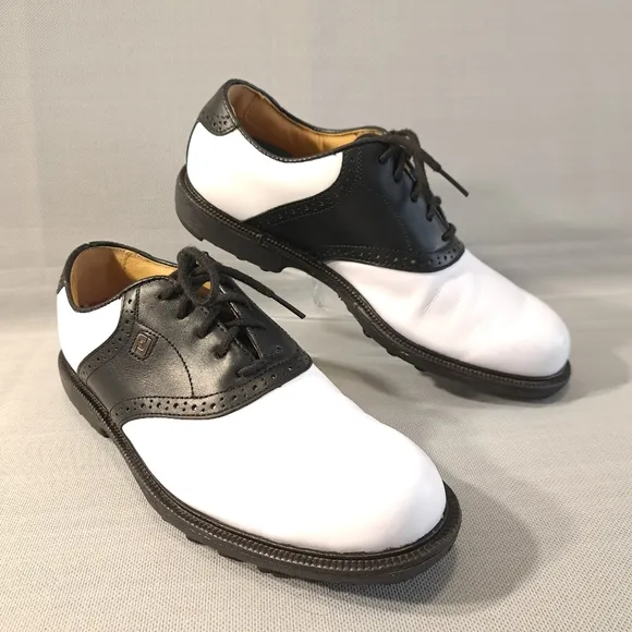 FJ FOOTJOY Men's Golf Shoes White/Black 7 1/2 M Rubber‎ Cleats Leather 57009