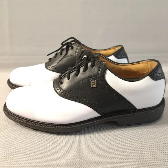 FJ FOOTJOY Men's Golf Shoes White/Black 7 1/2 M Rubber‎ Cleats Leather 57009