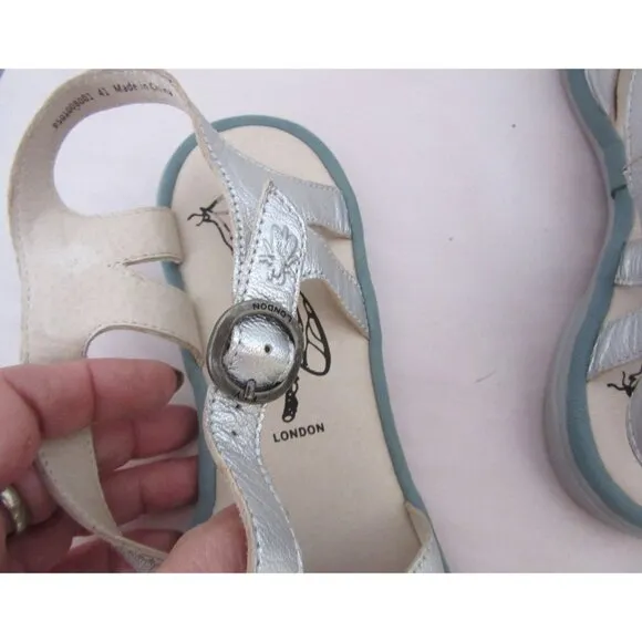Fly London Cula Silver Leather Sandals Size 41 / US 8 w Box