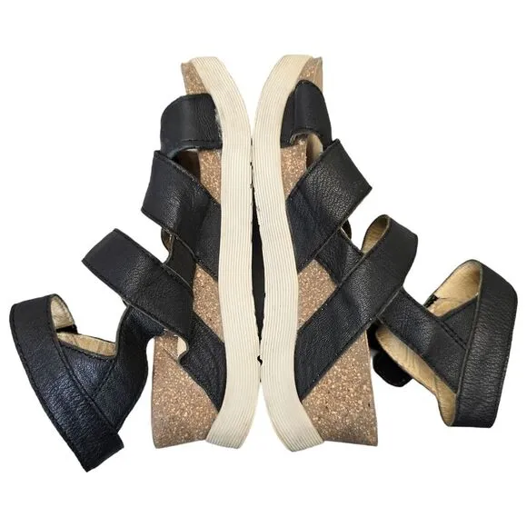 Fly London Women's Wedgefly Black Leather Platform Sandals EU 39