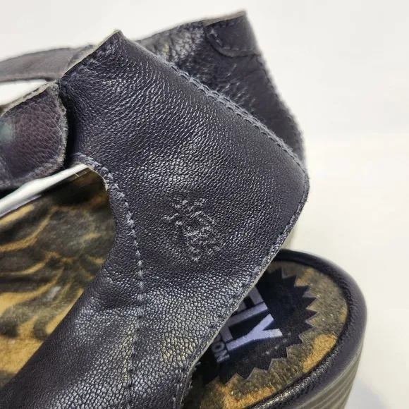 Fly London Yala Black Leather Peep Toe Wedge Shoe Womens 38 US 7.5 Ankle Strap