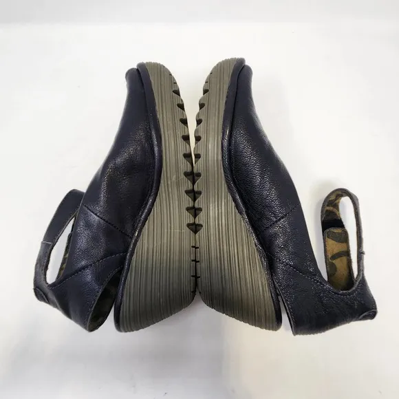 Fly London Yala Black Leather Peep Toe Wedge Shoe Womens 38 US 7.5 Ankle Strap