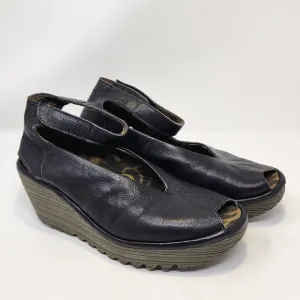 Fly London Yala Black Leather Peep Toe Wedge Shoe Womens 38 US 7.5 Ankle Strap