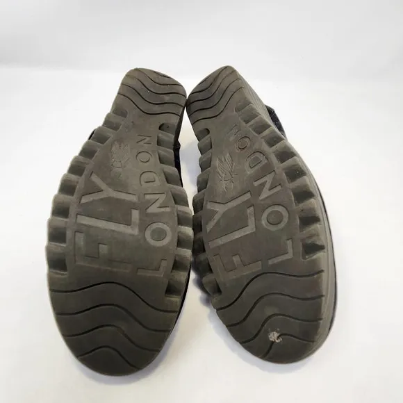 Fly London Yala Black Leather Peep Toe Wedge Shoe Womens 38 US 7.5 Ankle Strap