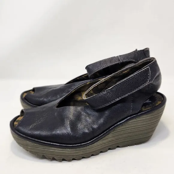 Fly London Yala Black Leather Peep Toe Wedge Shoe Womens 38 US 7.5 Ankle Strap