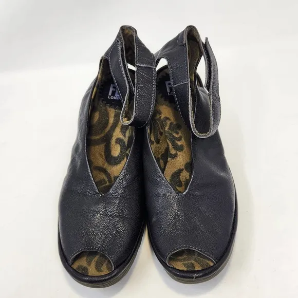 Fly London Yala Black Leather Peep Toe Wedge Shoe Womens 38 US 7.5 Ankle Strap