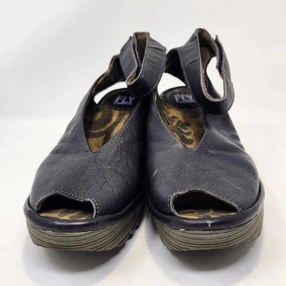 Fly London Yala Black Leather Peep Toe Wedge Shoe Womens 38 US 7.5 Ankle Strap