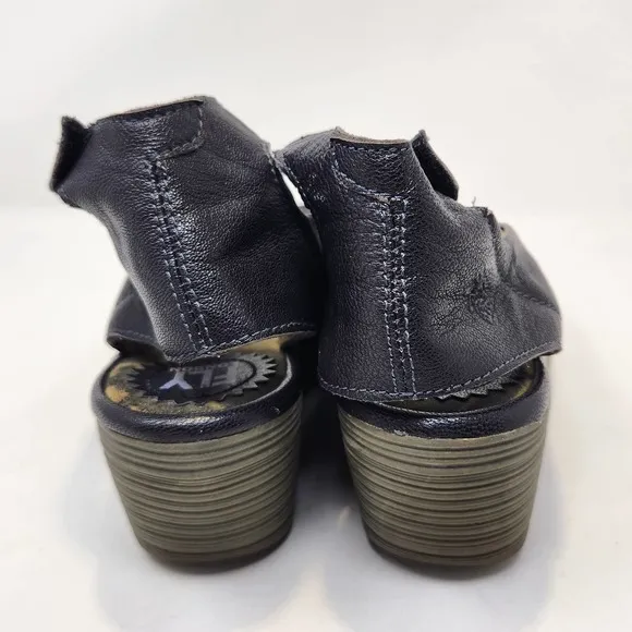 Fly London Yala Black Leather Peep Toe Wedge Shoe Womens 38 US 7.5 Ankle Strap