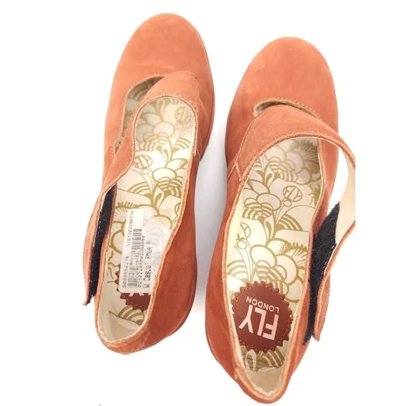 Fly London Yasi Red Orange Suede Platform Wedge Heels size US 6.5-7 EU 37