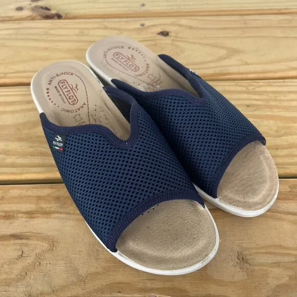 Flyflot Blue Mesh Slide On Low Wedge Sandals Open Toe Italy Size 9 EU 40