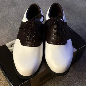 FootJoy Spiked Golf Shoes, New in Box! Brown &amp; White. Extra Comfort. Size 10W.
