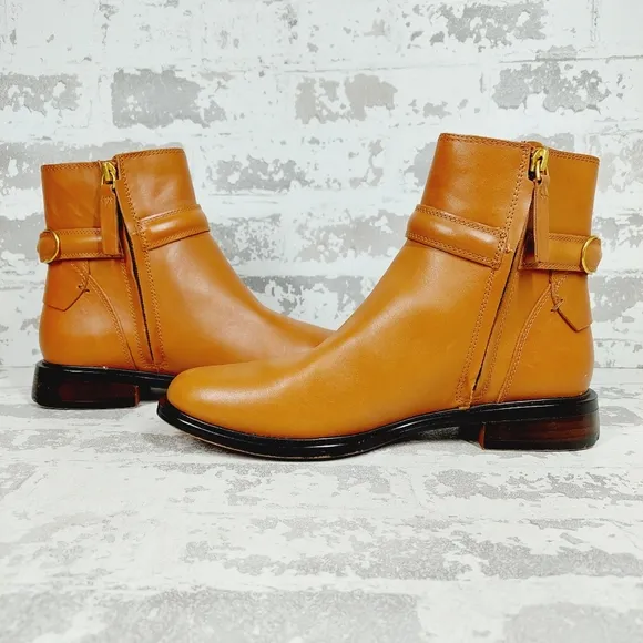 Franco Sarto Elese Leather Boots Cognac Ankle High Buckle Zip B390