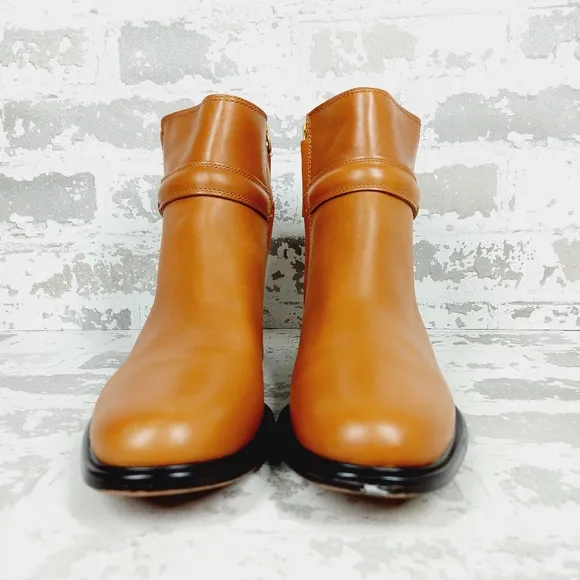 Franco Sarto Elese Leather Boots Cognac Ankle High Buckle Zip B390