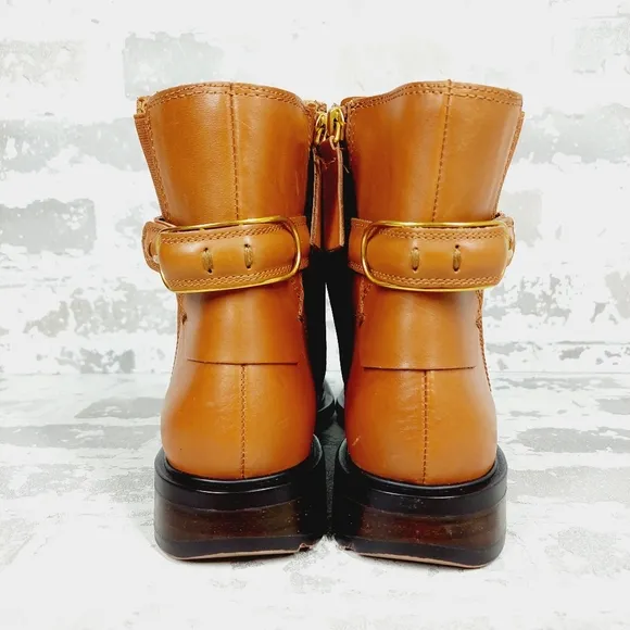 Franco Sarto Elese Leather Boots Cognac Ankle High Buckle Zip B390