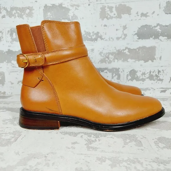 Franco Sarto Elese Leather Boots Cognac Ankle High Buckle Zip B390