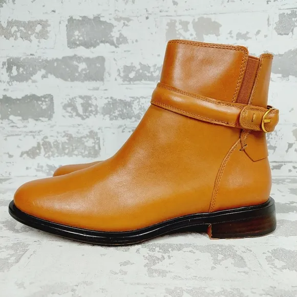 Franco Sarto Elese Leather Boots Cognac Ankle High Buckle Zip B390