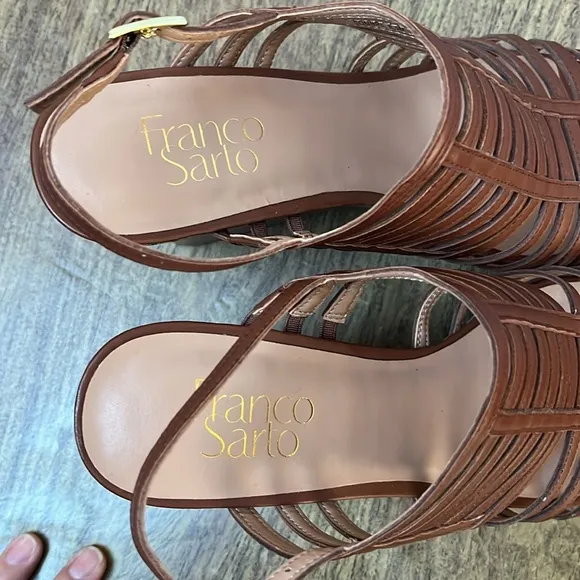 Franco Sarto Sombre Brown Cork Wedge Strap Platform Sandals Size 8.5