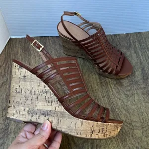 Franco Sarto Sombre Brown Cork Wedge Strap Platform Sandals Size 8.5