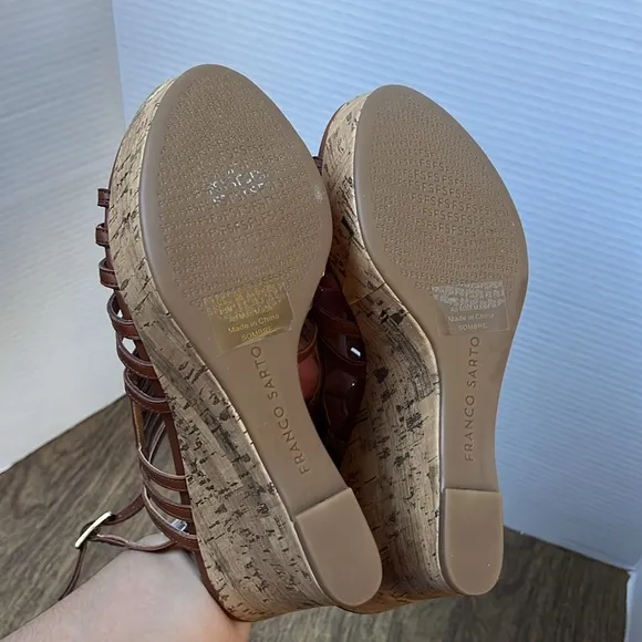 Franco Sarto Sombre Brown Cork Wedge Strap Platform Sandals Size 8.5