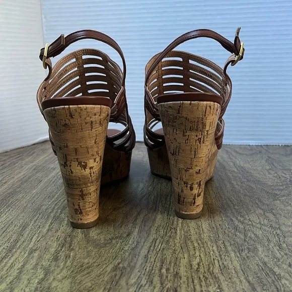 Franco Sarto Sombre Brown Cork Wedge Strap Platform Sandals Size 8.5