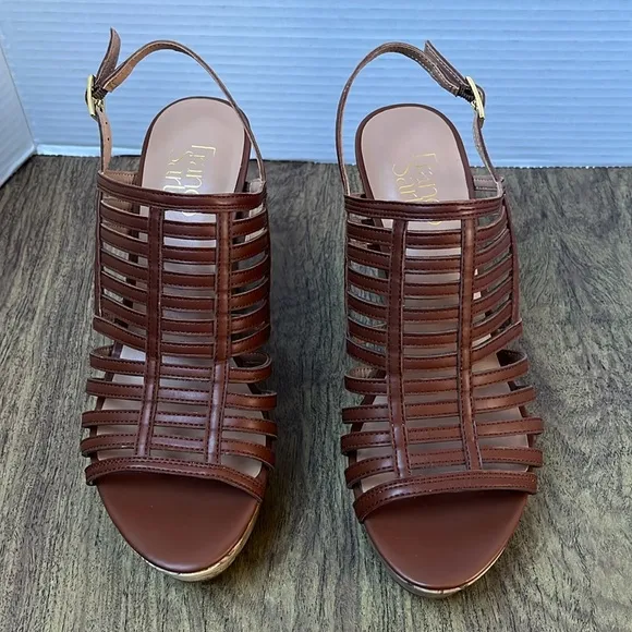 Franco Sarto Sombre Brown Cork Wedge Strap Platform Sandals Size 8.5
