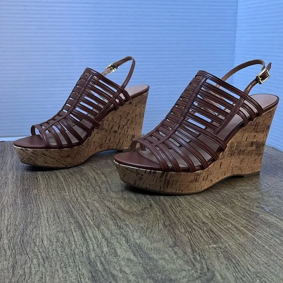 Franco Sarto Sombre Brown Cork Wedge Strap Platform Sandals Size 8.5