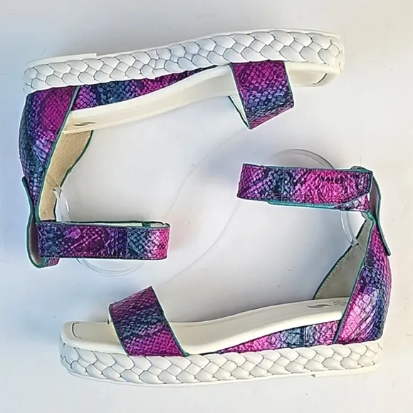 Franco Sarto Tiana Snake Leather Jewel Tone Ankle Strap Platform Wedge Sandal