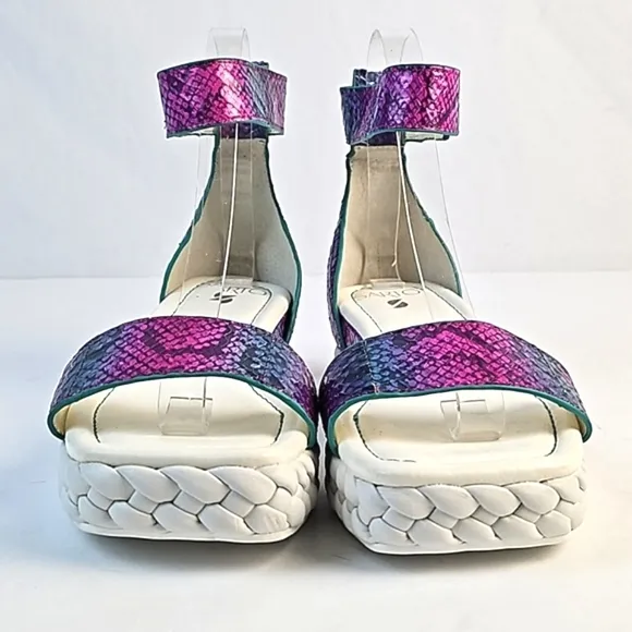 Franco Sarto Tiana Snake Leather Jewel Tone Ankle Strap Platform Wedge Sandal