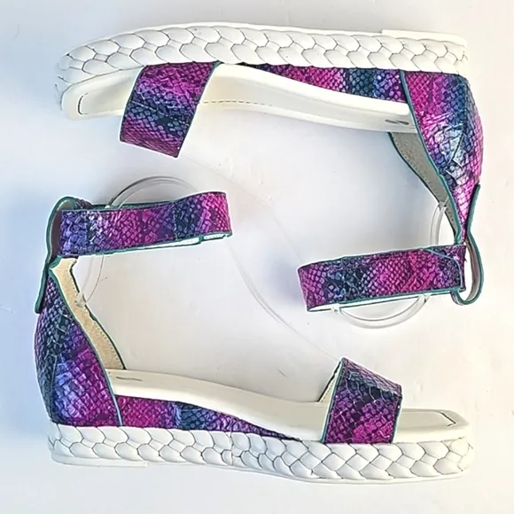 Franco Sarto Tiana Snake Leather Jewel Tone Ankle Strap Platform Wedge Sandal