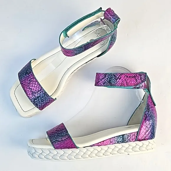 Franco Sarto Tiana Snake Leather Jewel Tone Ankle Strap Platform Wedge Sandal