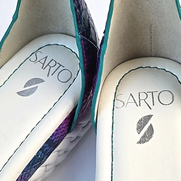 Franco Sarto Tiana Snake Leather Jewel Tone Ankle Strap Platform Wedge Sandal