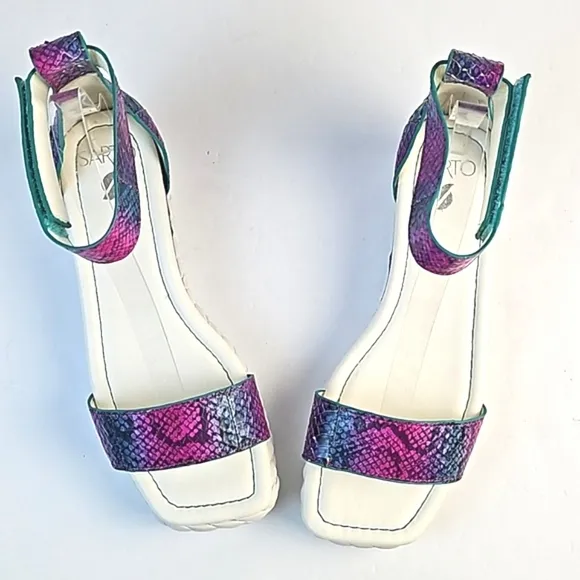 Franco Sarto Tiana Snake Leather Jewel Tone Ankle Strap Platform Wedge Sandal