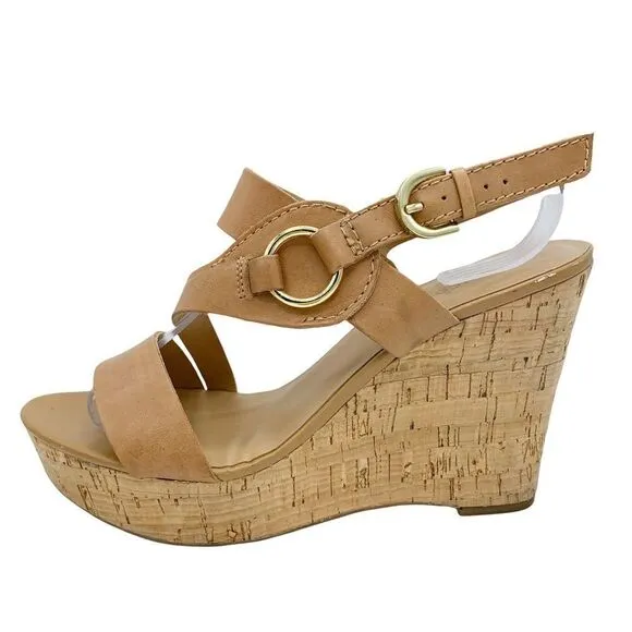 Franco Sarto Surprise Tan Cork Platform Sandals Gold Hardware Ring Detail