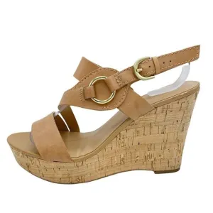 Franco Sarto Surprise Tan Cork Platform Sandals Gold Hardware Ring Detail
