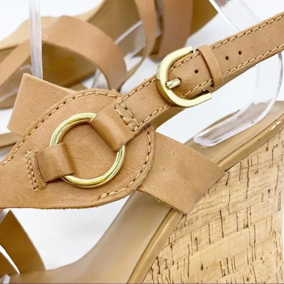 Franco Sarto Surprise Tan Cork Platform Sandals Gold Hardware Ring Detail