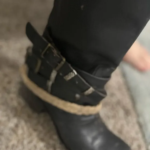 Free Bird Black Leather Boots with Buckle and Rope Detail