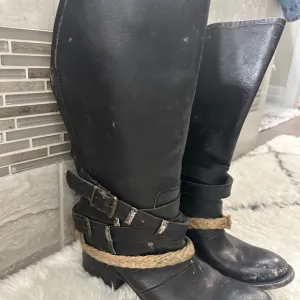 Free Bird Black Leather Boots with Buckle and Rope Detail